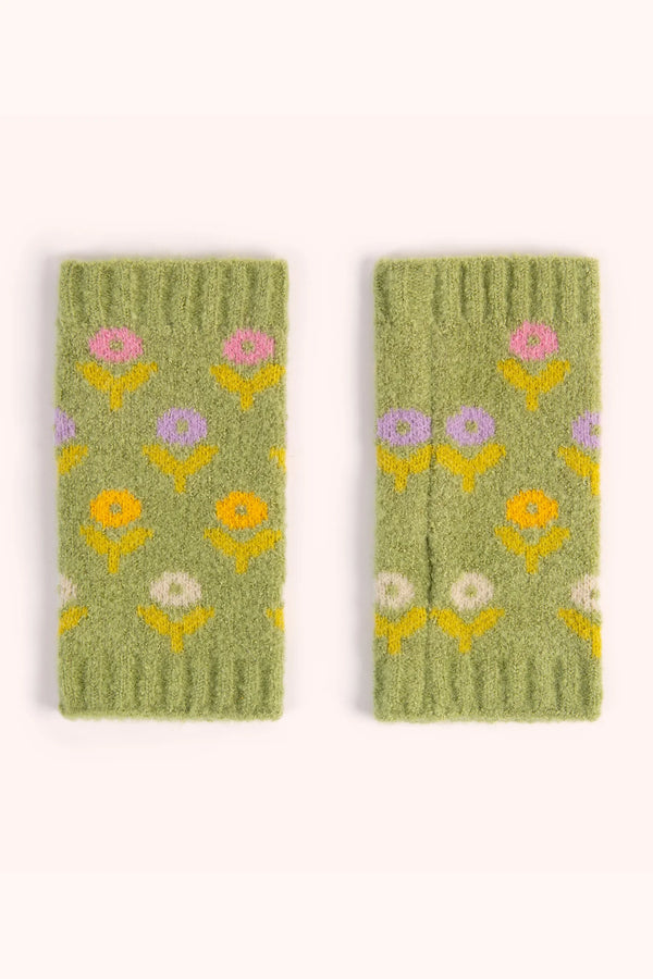 Willow Ditsy Flower Pompom Wrist Warmers - Sage