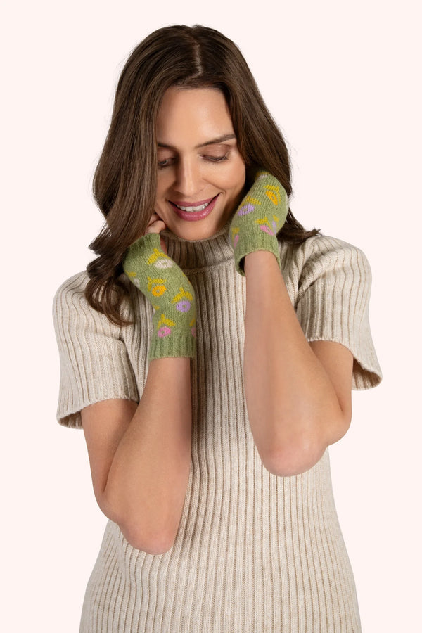 Willow Ditsy Flower Pompom Wrist Warmers - Sage